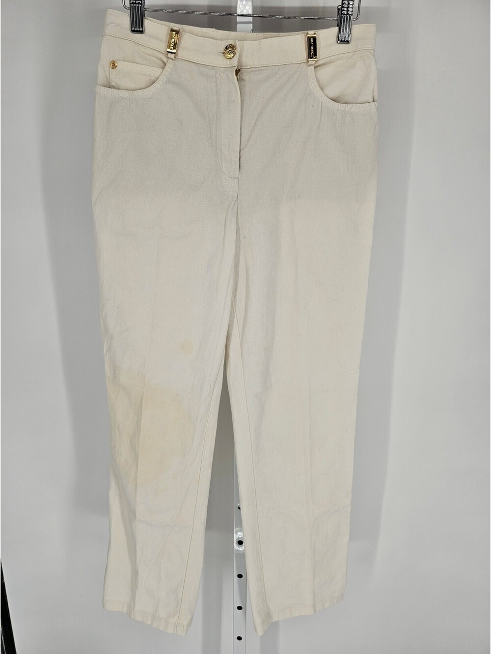 St John Sport Womens Sz 4 Straight Leg Denim Pants Cream w/ Gold Button